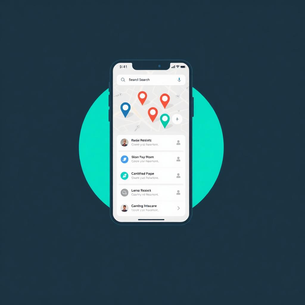 Flat-Design-Illustration: Smartphone mit Kartenansicht und Suchergebnissen
