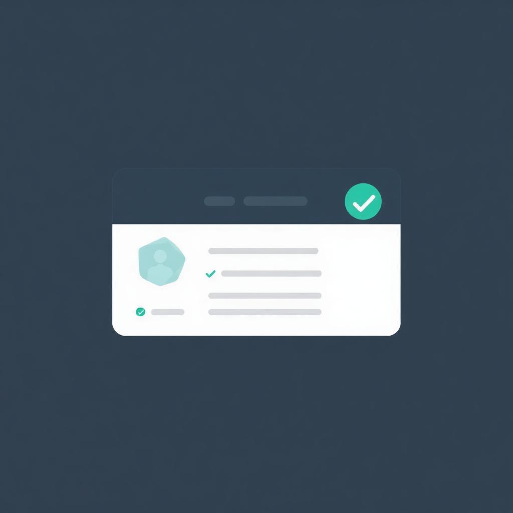 Flat-Design-Illustration: Profilkarte mit Verifikations-Badge und Checkliste