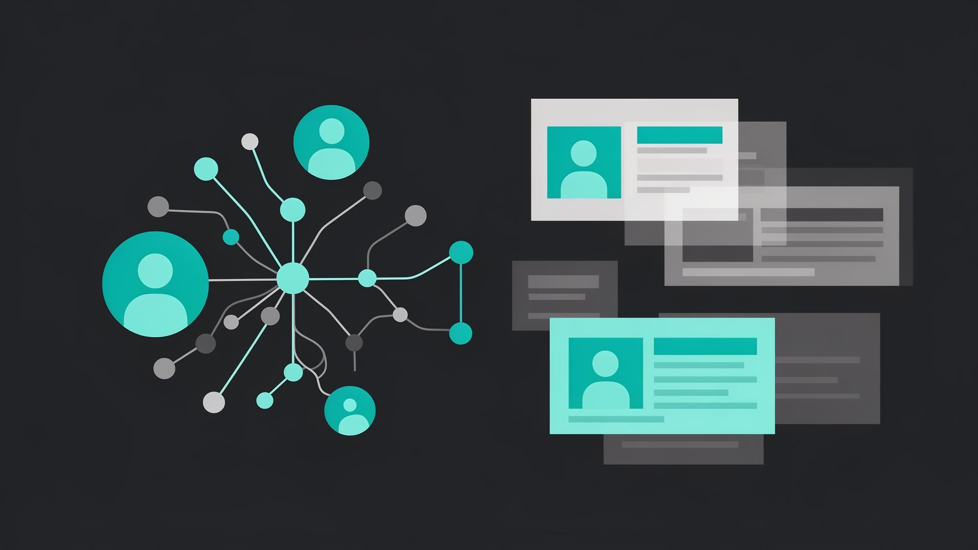 Flat Design Illustration: Netzwerk aus Nutzerprofilen und personalisierten Inhalten